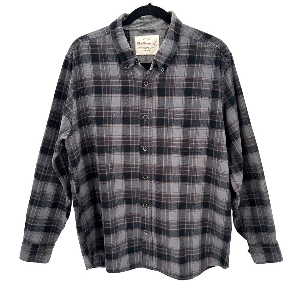Weatherproof Vintage Mens Gray/Brown Plaid Button-Down Long Sleeve Shirt Size L